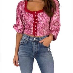 Free People “Dare Me” Velvet Blouse In Retro Combo Color (Size: XS) MSRP: $128